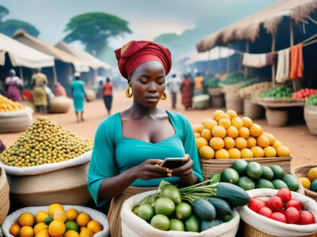 Un animado mercado africano: mujeres vendiendo frutas, jóvenes con smartphones, tradición y modernidad en armonía