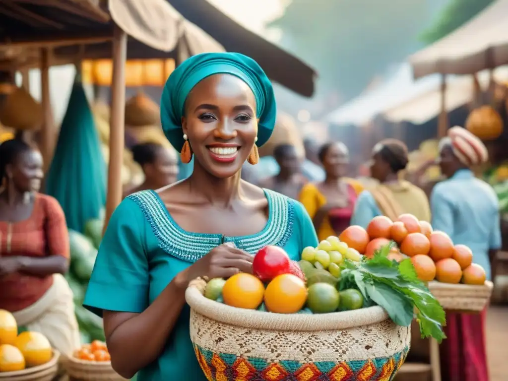 Un animado mercado africano con mujeres en sistemas económicos africanos intercambiando productos y sonrisas