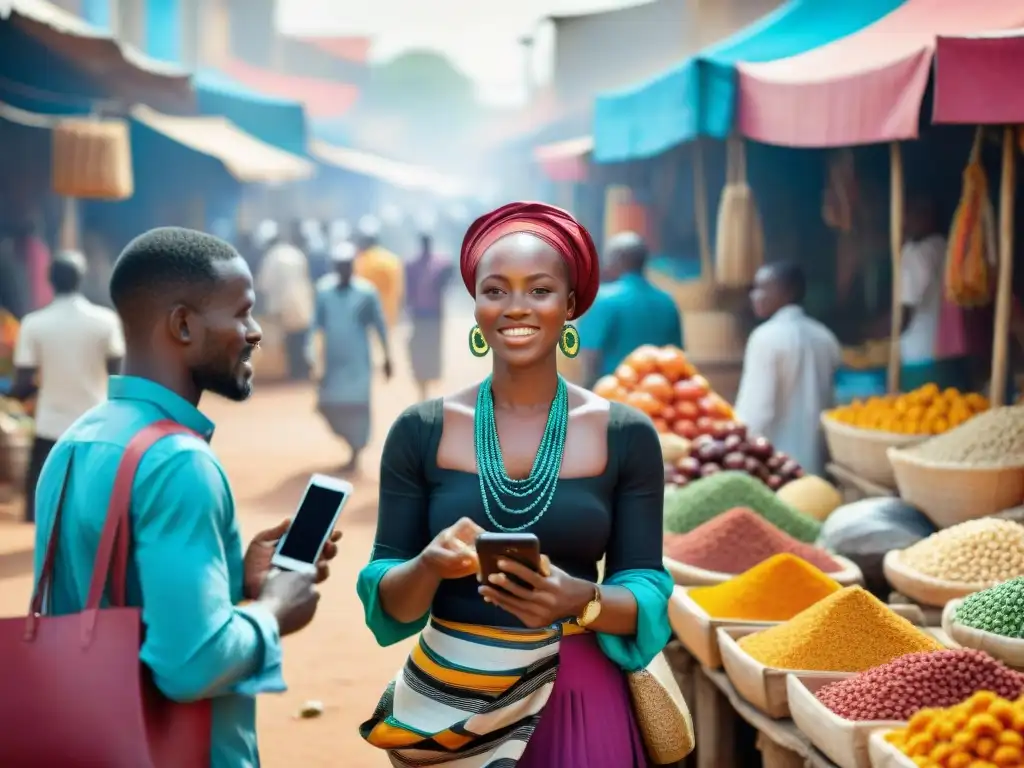 Un animado mercado africano con personas diversas participando en transacciones en puestos coloridos