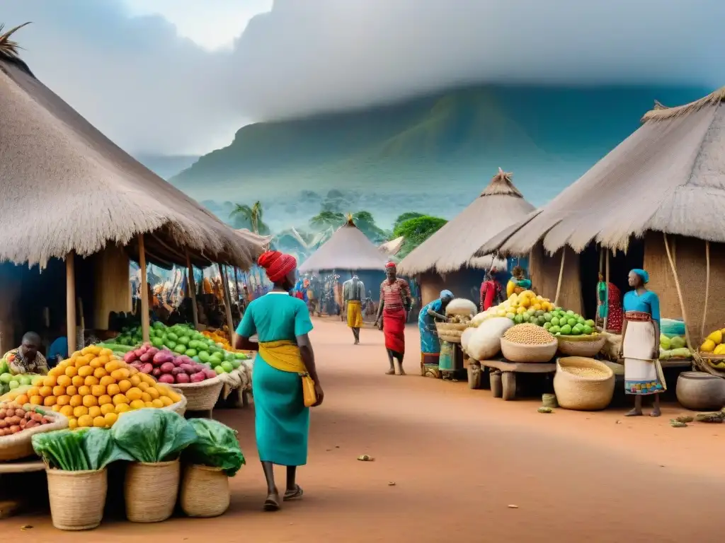 Animado mercado africano precolonial con vendedores de frutas, verduras y granos coloridos, clientes regateando