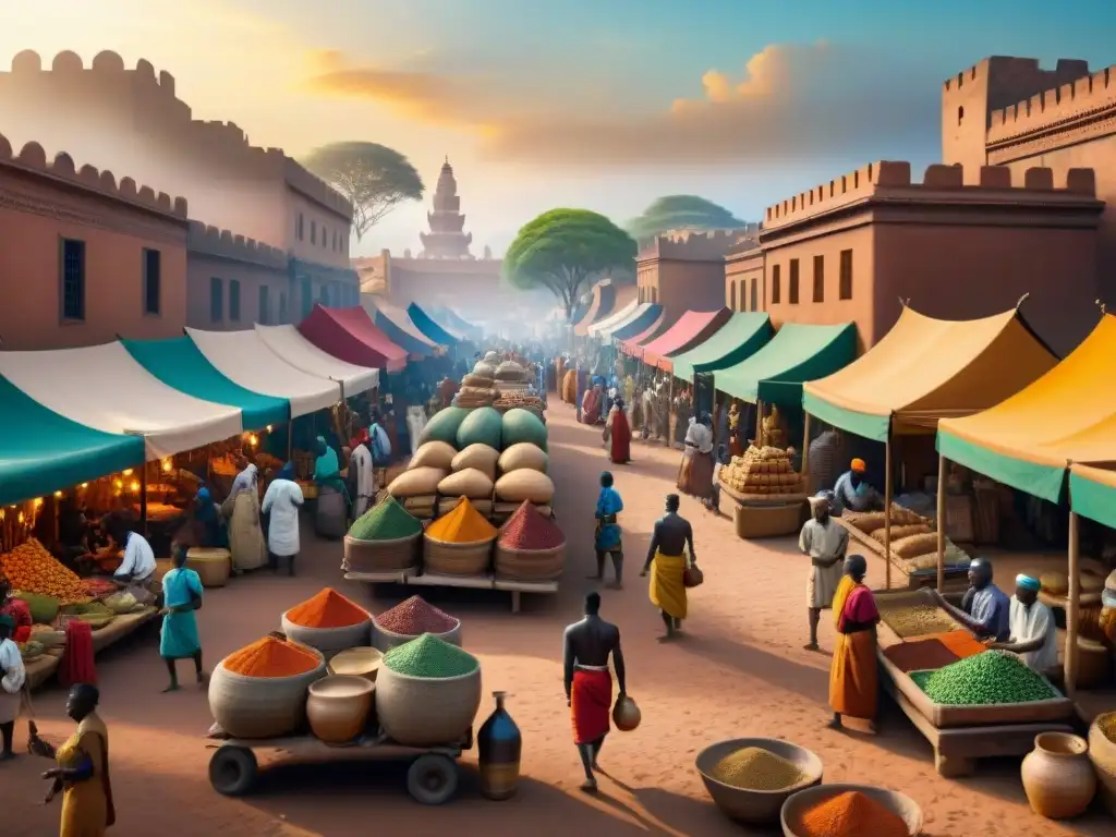 Animado mercado africano precolonial con redes de comercio, intercambio cultural y actividad económica vibrante