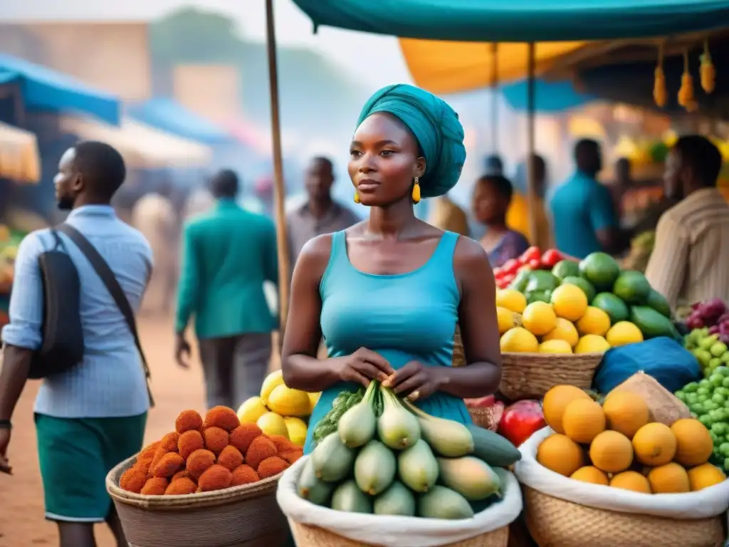 Un animado mercado africano muestra puestos coloridos con frutas, verduras y especias