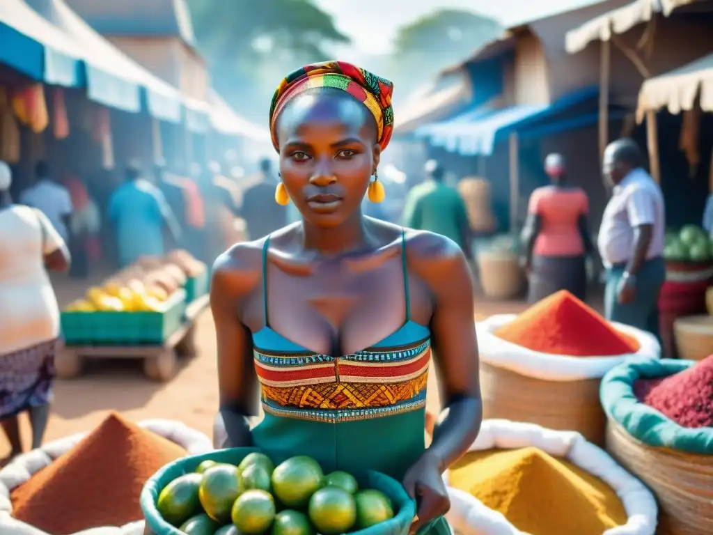 Un animado mercado africano con puestos coloridos y diversidad cultural