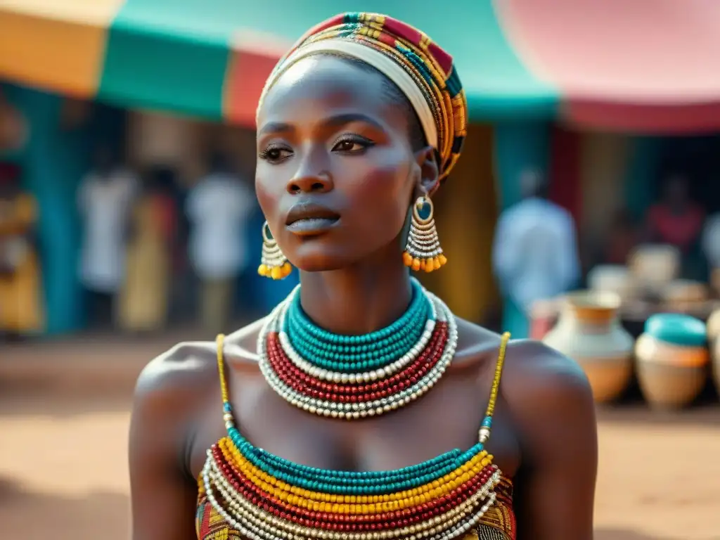 Mercado africano: joyería artesanal y cultura vibrante Animado mercado africano con puestos de joyas coloridas y diseño intricado, reflejando el significado cultural del comercio de joyas africano