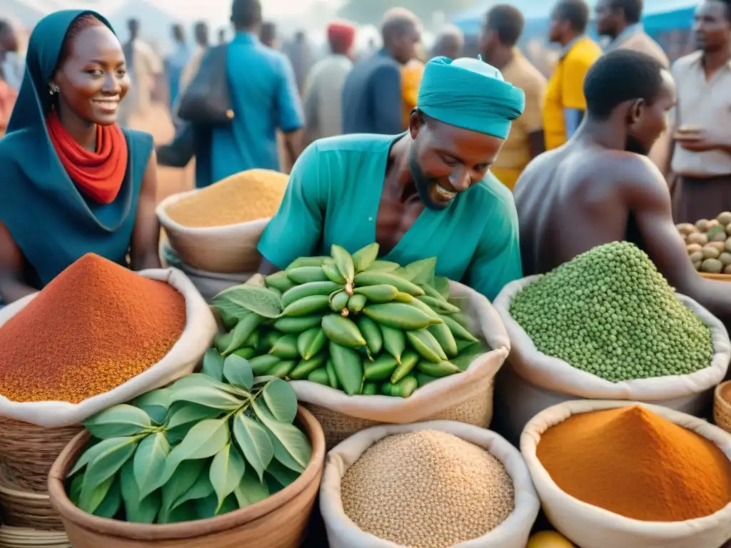 Un animado mercado africano rebosante de superalimentos exóticos como fruta baobab, hojas de moringa y granos de teff