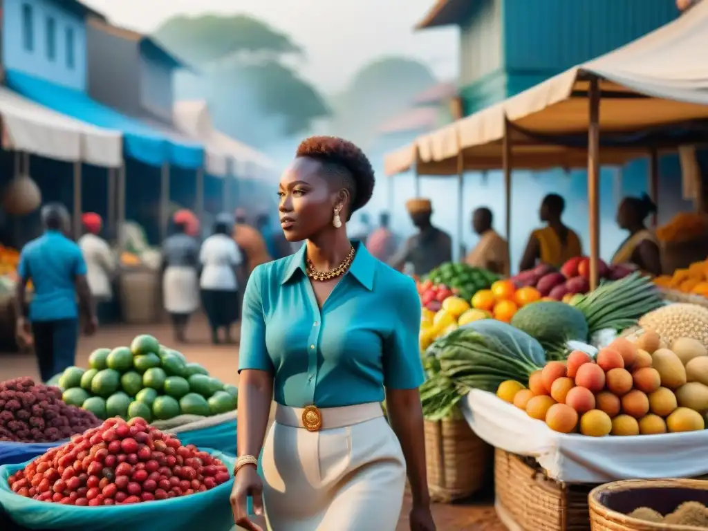 Un animado mercado africano rebosante de vida y color, reflejando la diversidad gastronómica y cultural de África