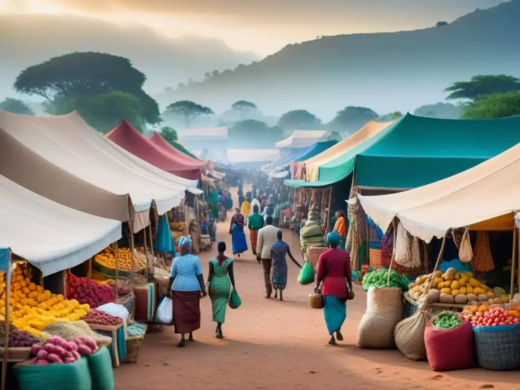 Un animado mercado africano con telas coloridas, artesanías y productos frescos