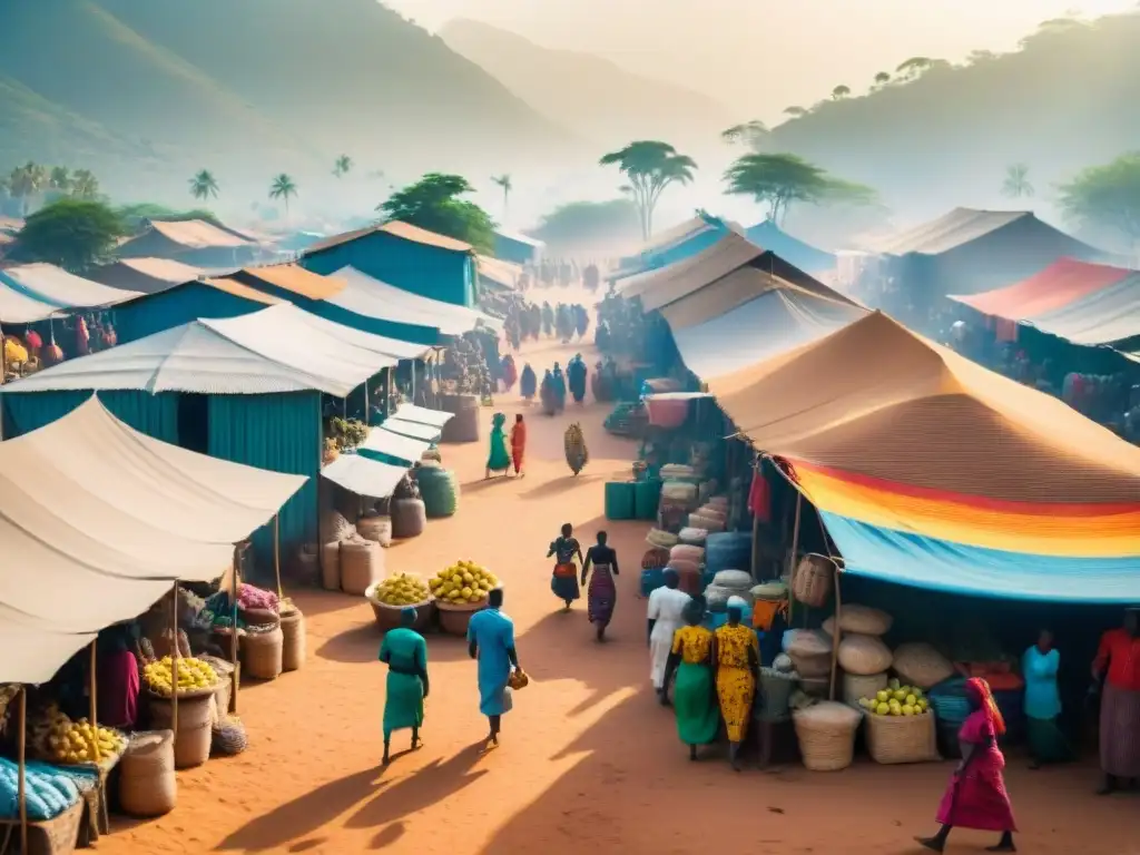 Un animado mercado africano, donde vendedores y clientes negocian productos bajo el sol, reflejando la vitalidad de la escena