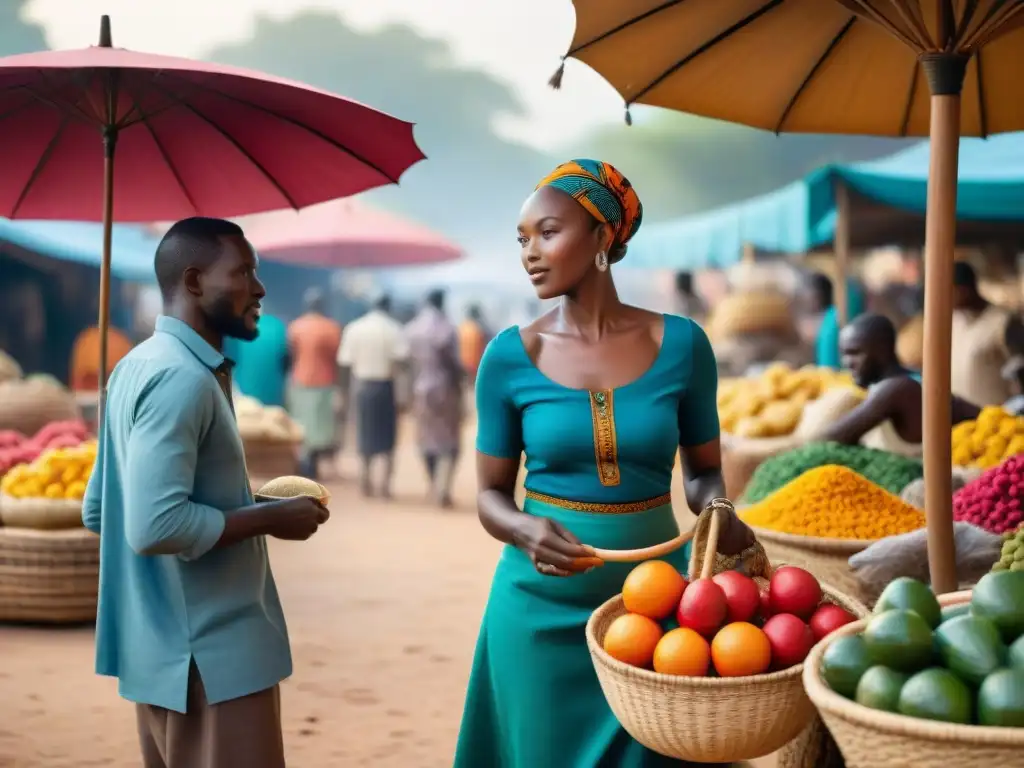 Un animado mercado africano con vendedores locales e intermediarios en el comercio africano bajo coloridos parasoles