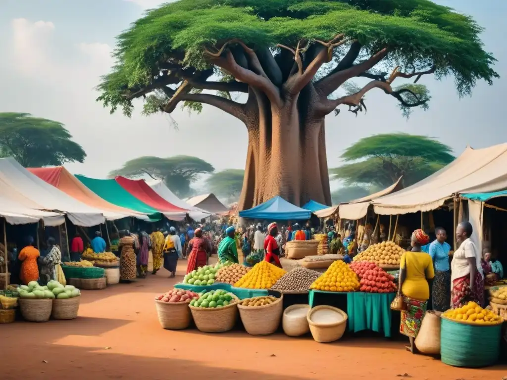 Un animado mercado africano con vendedores locales y baobabs, mostrando la riqueza cultural y la genealogía en civilizaciones africanas