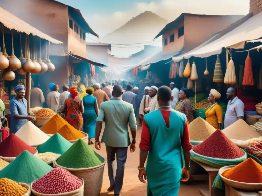 Animado mercado africano con vibrantes especias y textiles, reflejando el comercio internacional de materias primas en África