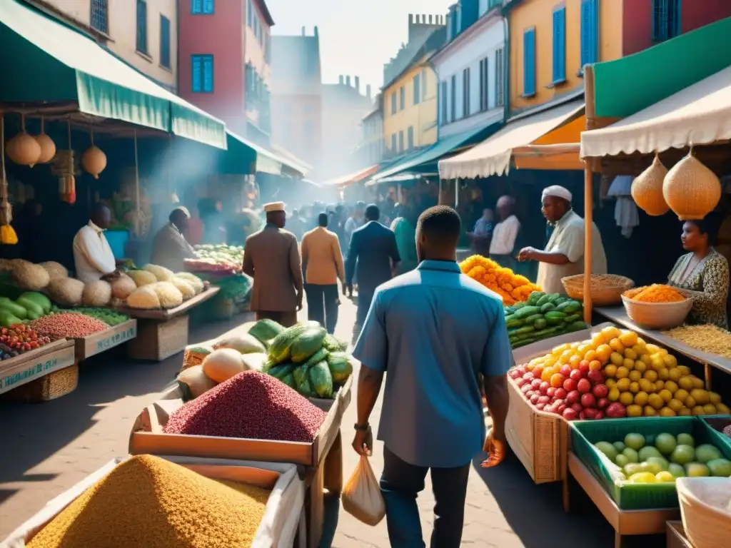 Un animado mercado al aire libre en una comunidad de diáspora africana, con coloridos productos y vendedores locales