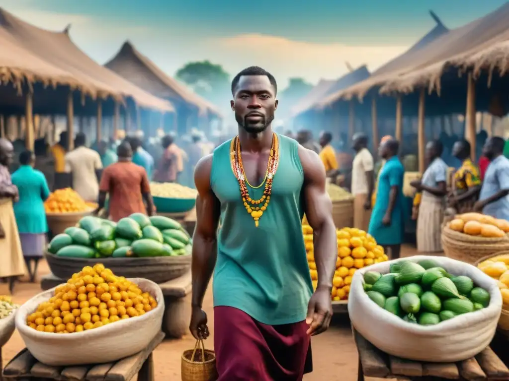 Animado mercado en el antiguo Imperio de Ghana: comerciantes, agricultores y recolectores de tributos