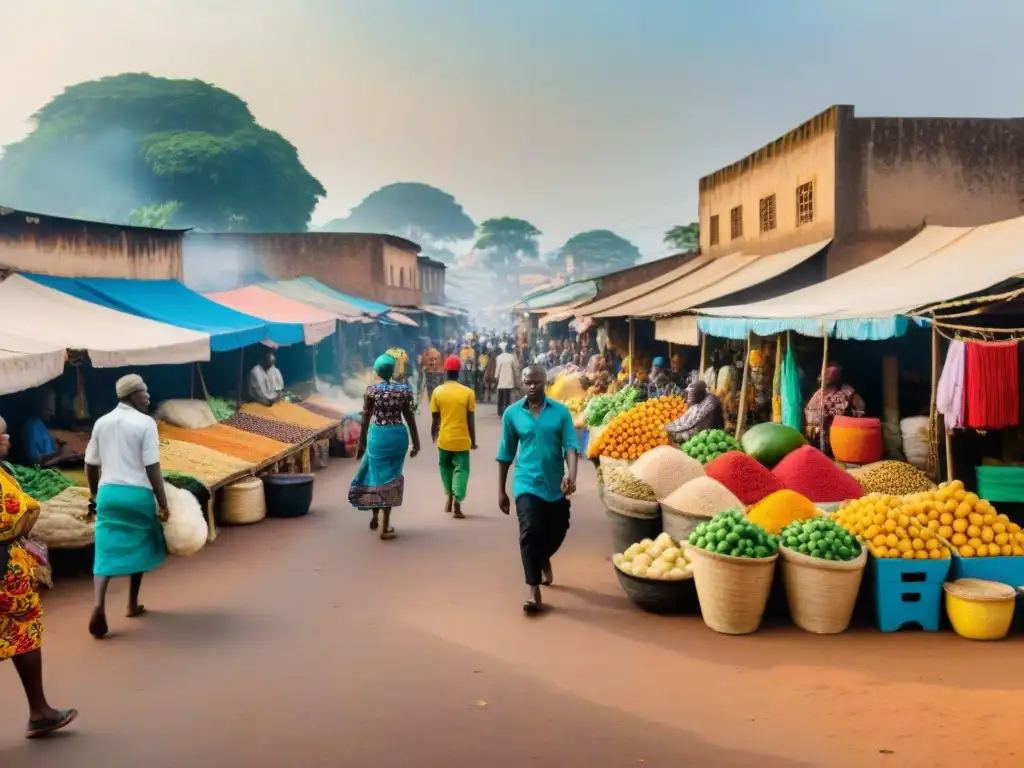 Un animado mercado callejero en Conakry, capital de Guinea, con una mezcla de colores vibrantes y arquitectura moderna y tradicional