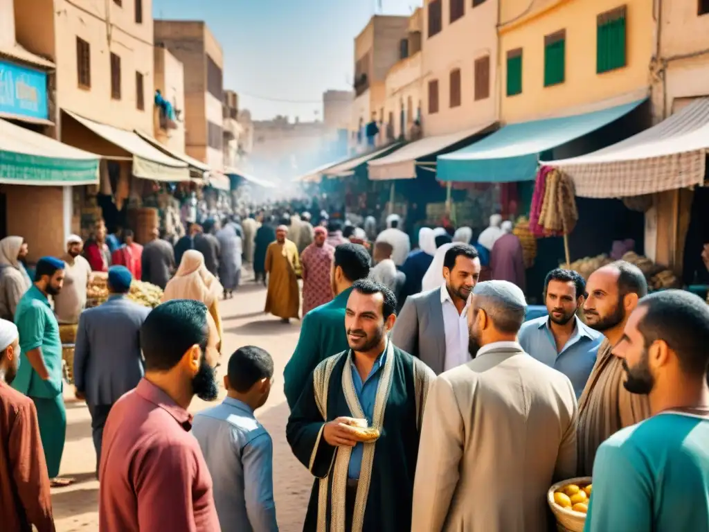 Un animado mercado en una ciudad del norte de África mezcla tradición con modernidad, reflejando la influencia de leyes islámicas