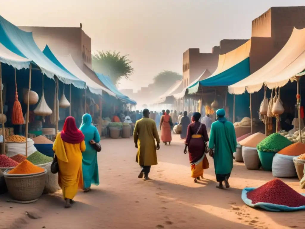 En el animado mercado del Sahel, se entrelazan Europa, Asia y civilizaciones locales en coloridas interacciones