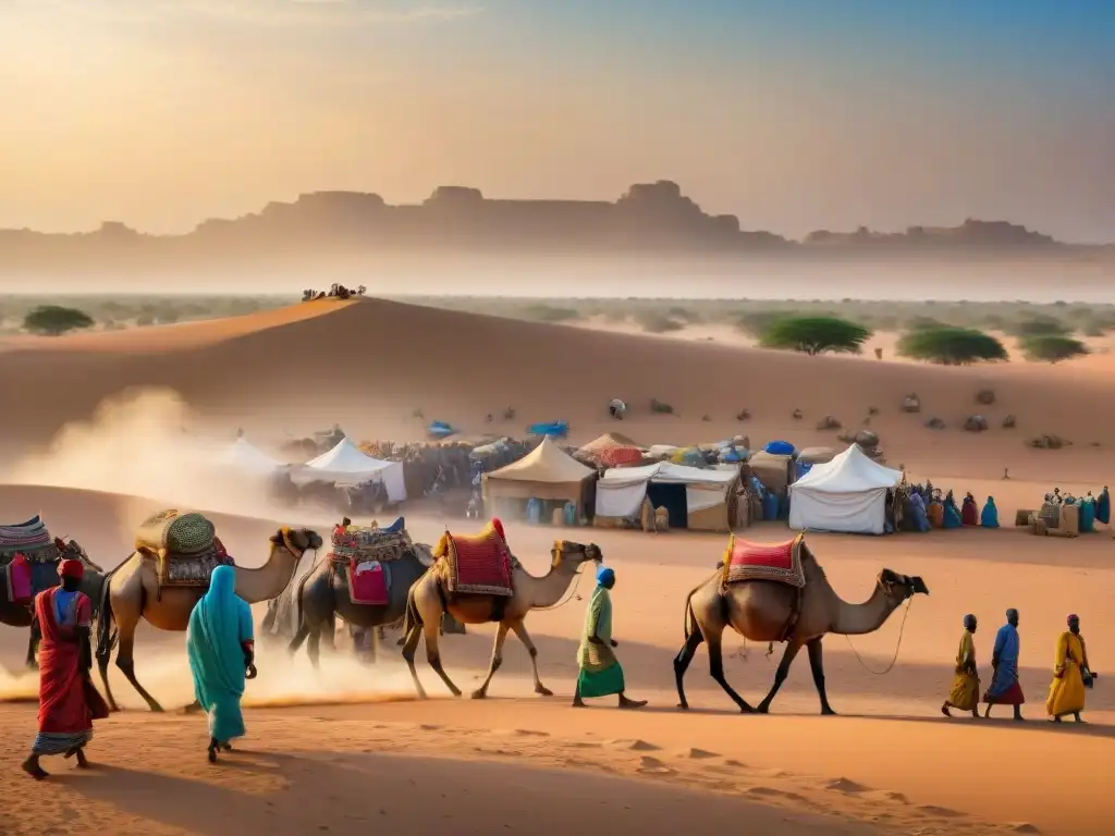 Un animado mercado en la región del Sahel, con comercio de oro, textiles, especias y ganado