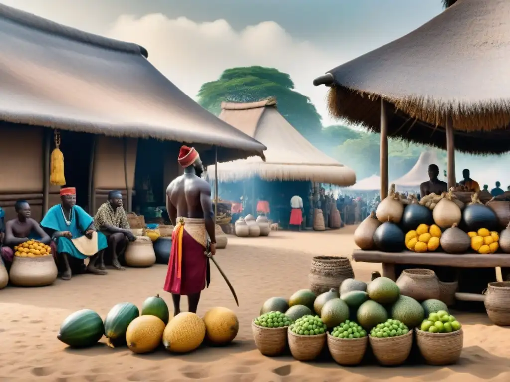 Animado mercado en el corazón del Kongo Kingdom, con comerciantes y productos tradicionales