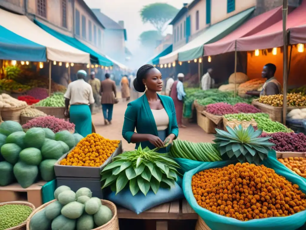 Un animado mercado en África con exóticas plantas y clientes regateando precios