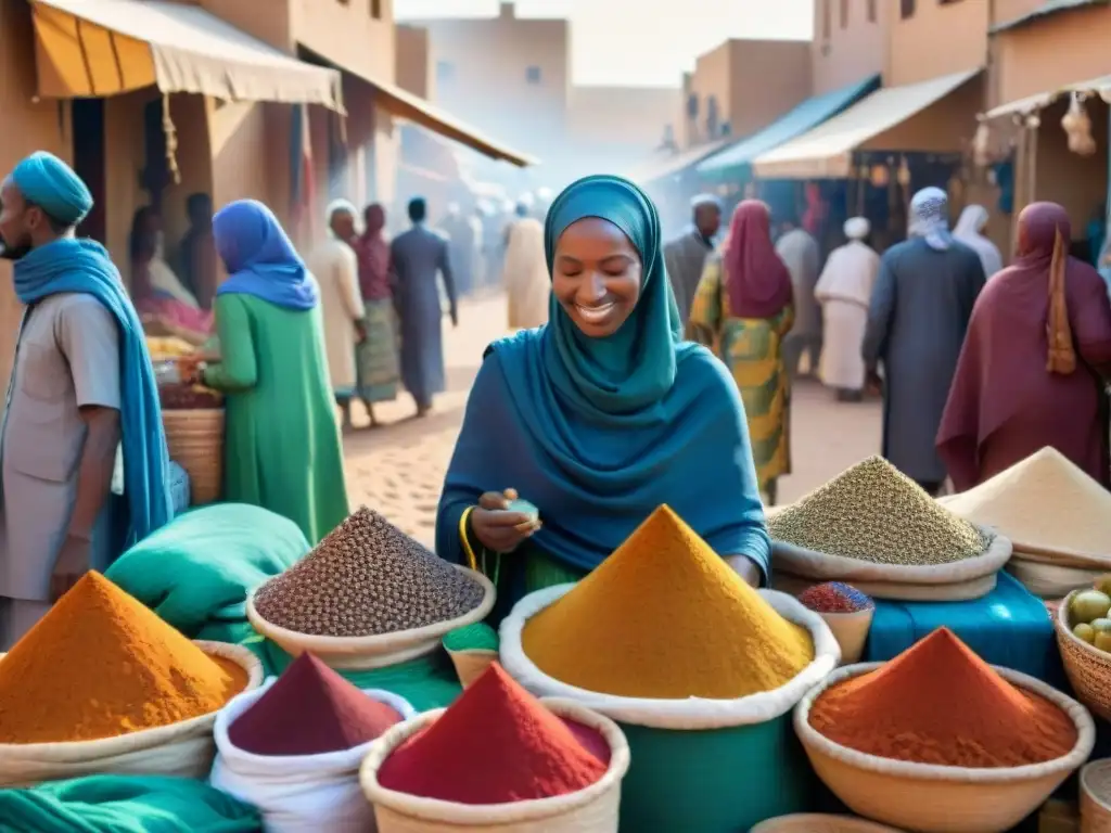 Animado mercado en Timbuktu, Mali, muestra intercambio cultural entre comerciantes africanos y asiáticos musulmanes