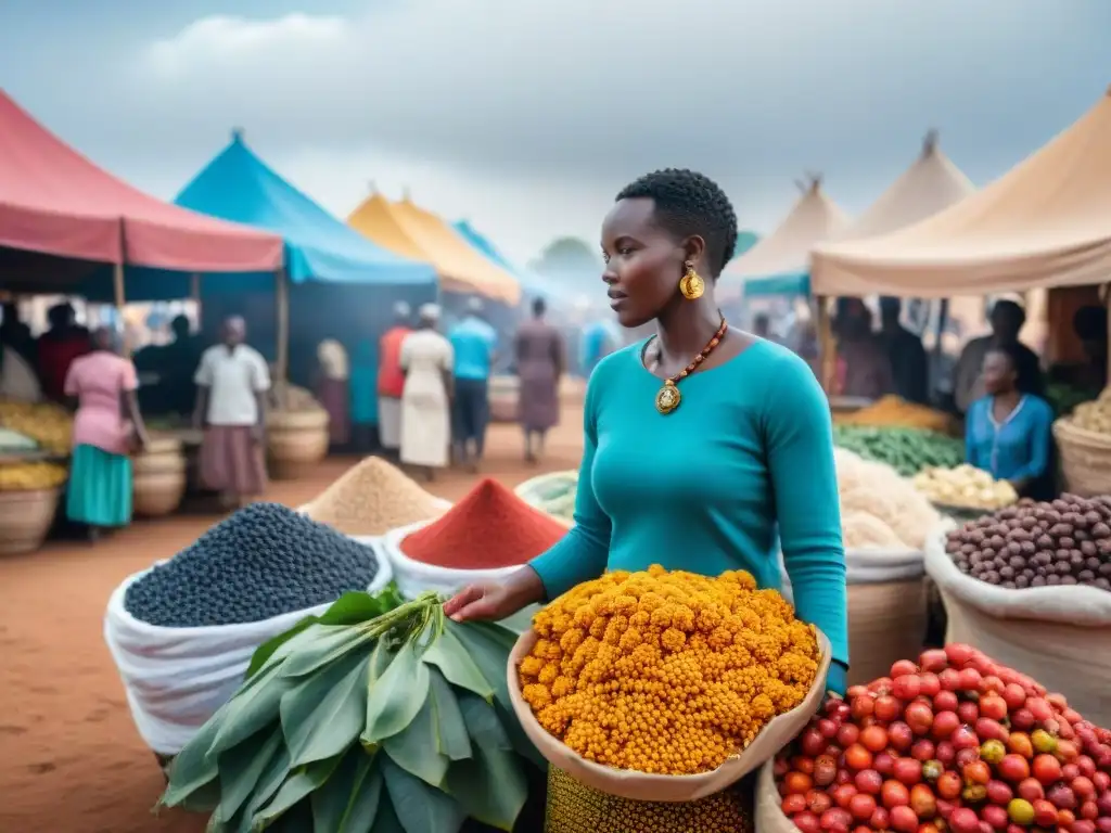 Un animado mercado en África con intercambios culturales recientes: puestos de artesanías, textiles y frutas, gente regateando y niños jugando