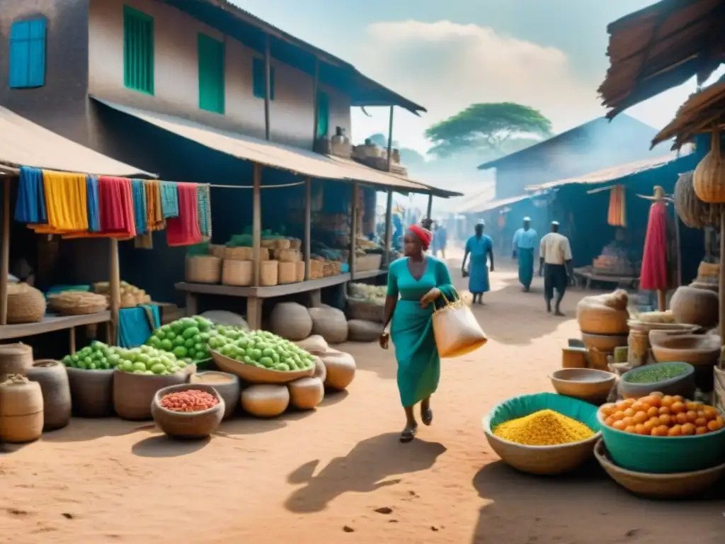 Animado mercado Kongo África: trueque de artesanías, comercio vibrante y coloridos productos