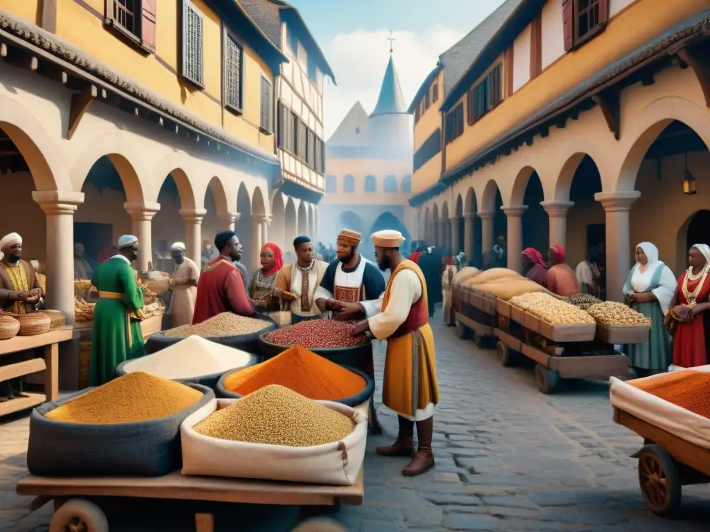 Un animado mercado medieval europeo con influencia africana en el comercio