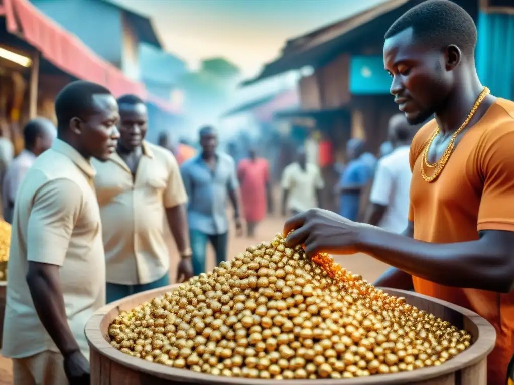 Un animado mercado de oro en Ghana: comerciantes negocian brillantes pepitas doradas entre coloridos puestos de joyería