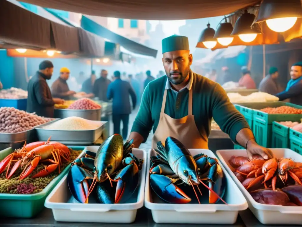 Un animado mercado de pescado en Marruecos muestra la influencia de mariscos africanos cocina con una variedad de mariscos vibrantes