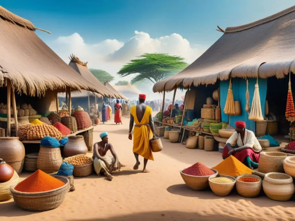 Animado mercado precolonial africano; comercio diverso, vibrante y cultural bajo cielo azul