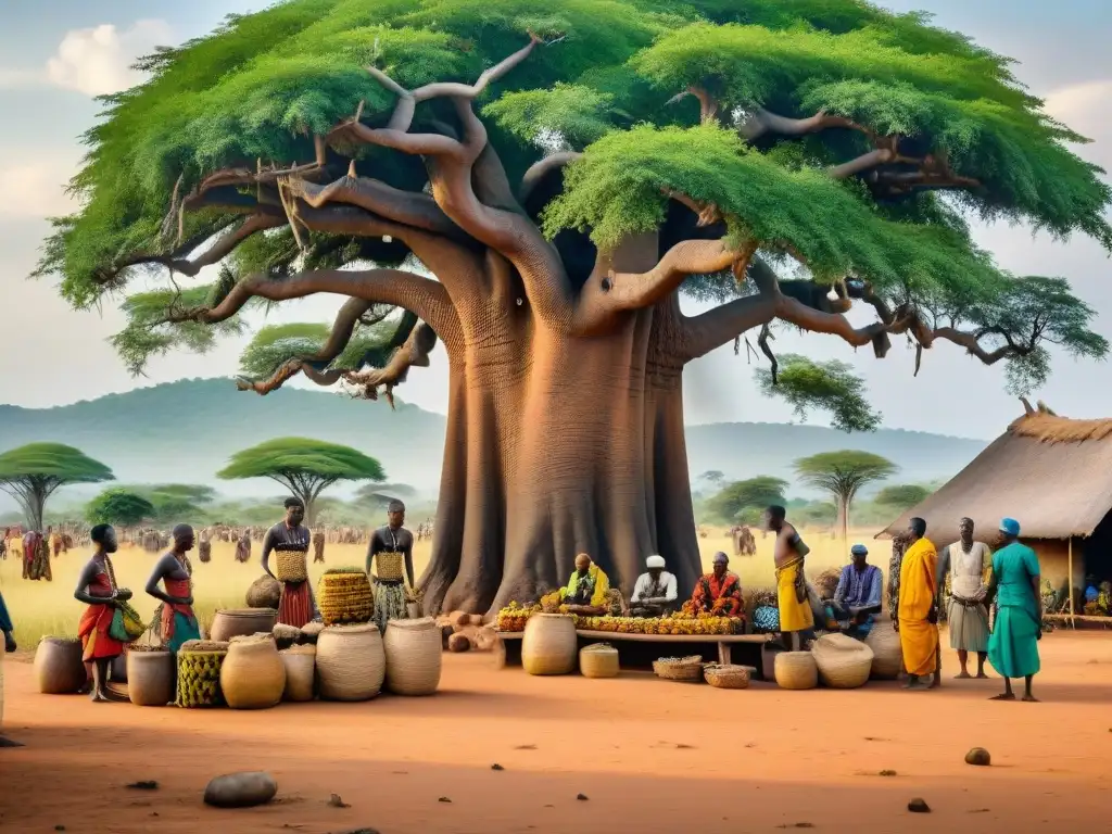 Mercado precolonial en África Central: comercio y esclavitud bajo baobabs Un animado mercado precolonial en África Central, con comercio de esclavos y vibrantes telas tradicionales bajo baobabs