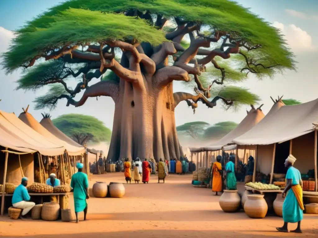 Animado mercado en reino africano antiguo, tributación y comercio bajo baobabs