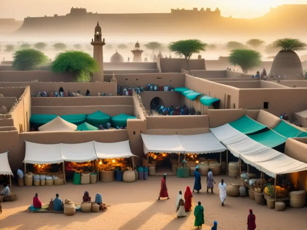 Mercado vibrante en Timbuktu durante el Imperio de Malí Un animado mercado en Timbuktu durante el apogeo del Imperio de Malí, reflejando la rica herencia cultural de las civilizaciones africanas