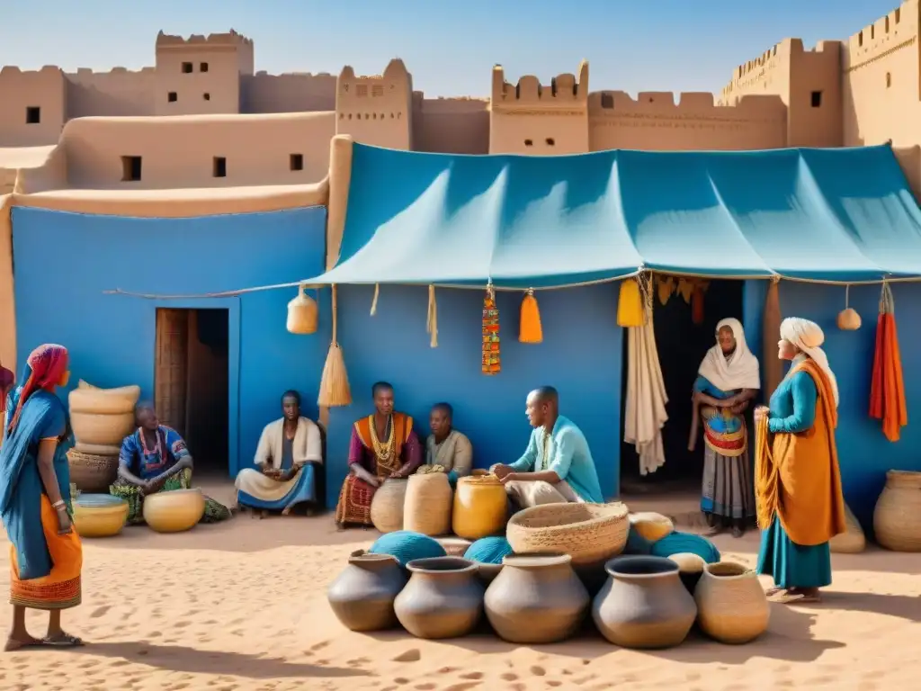 Animado mercado en Timbuktu, reflejando diversidad y riqueza cultural de civilizaciones africanas influencia global