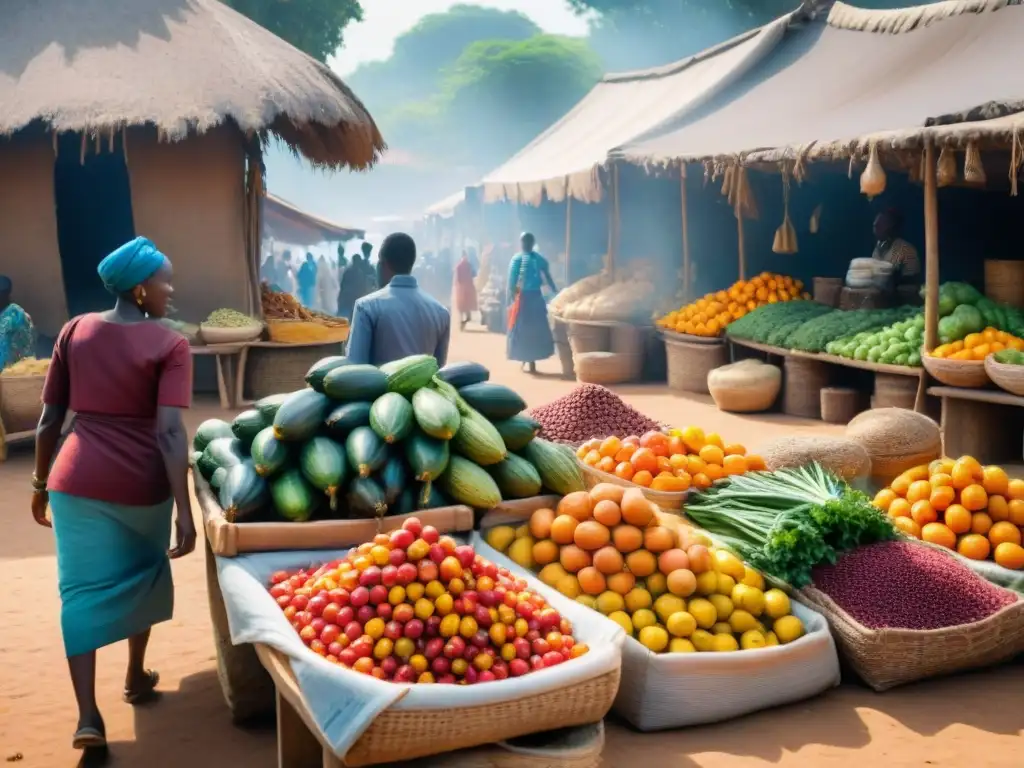 Un animado mercado tradicional africano con vibrantes frutas, verduras y especias