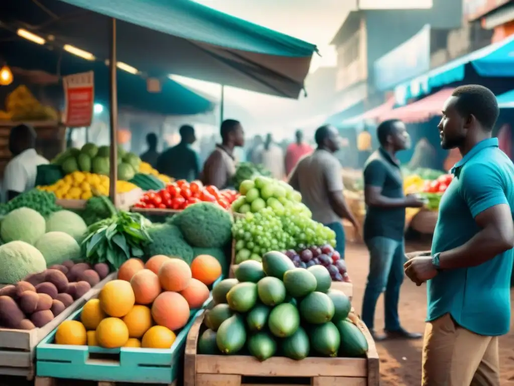 Un animado mercado en Nairobi, Kenia, con vendedores ofreciendo frutas y verduras frescas bajo el brillante sol africano, destacando empresas tecnológicas africanas destacadas