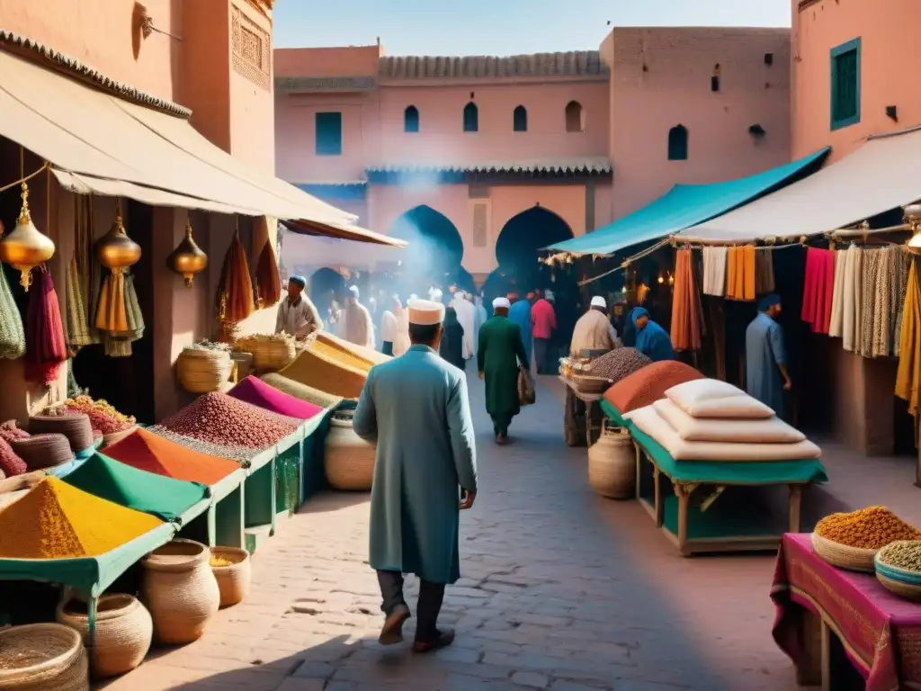 Animado mercado en Marrakech, Marruecos, con vendedores ofreciendo textiles, especias y artesanías bajo toldos coloridos