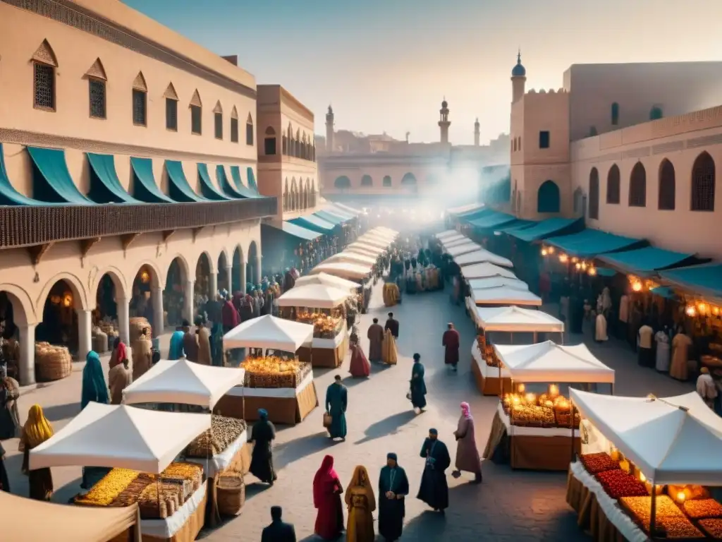 Animado mercado en una vibrante ciudad africana durante el apogeo de la influencia otomana, fusionando culturas