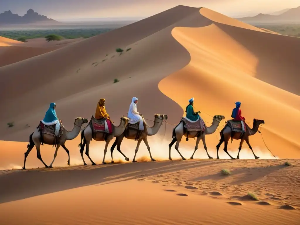 Una antigua caravana de camellos cargados con sacos de incienso y mirra, atraviesa el árido paisaje del desierto en la Ruta del Incienso en África