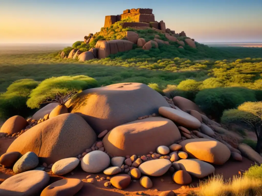 Explora la antigua ciudad de Mapungubwe al atardecer, revelando sus detalladas estructuras y artefactos