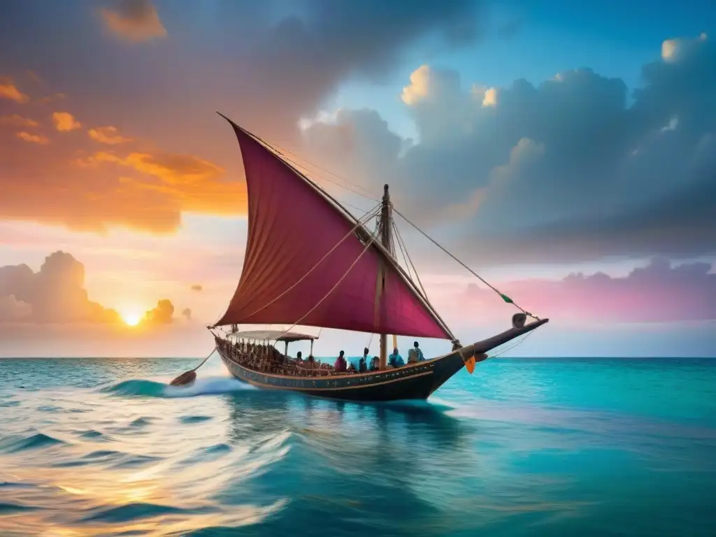 Una antigua dhow somalí navegando al atardecer con tripulación tradicional