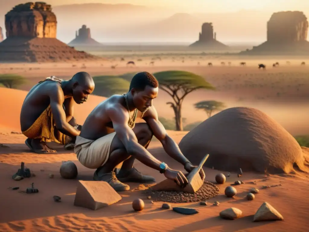 Antigua escena africana: figuras humanas creando herramientas primitivas al atardecer, reflejando la influencia de África en herramientas