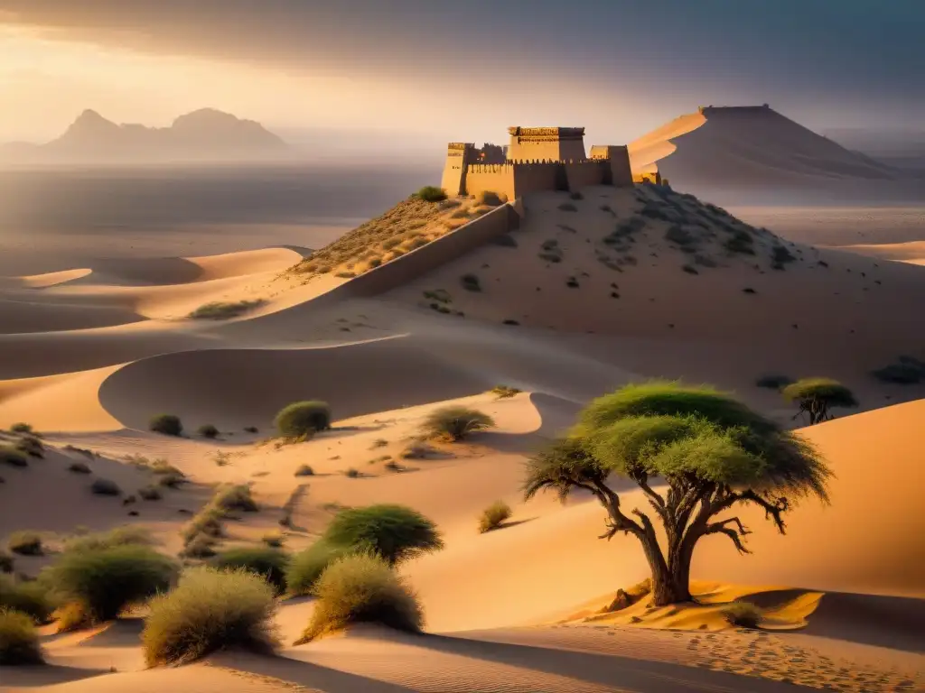 Una antigua fortaleza africana en el desierto, con detalles arquitectónicos y defensivos, bajo el sol abrasador