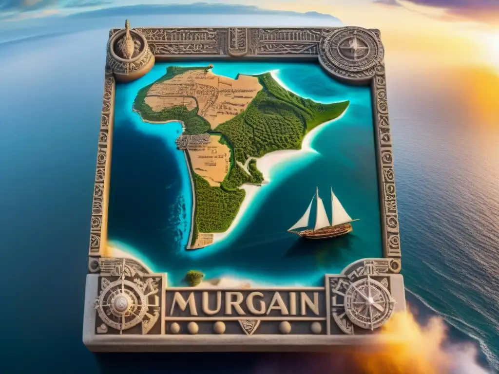 Mapa de navegación africano tallado en piedra: rutas comerciales y símbolos marítimos históricos Antigua mapaNáutica africana tallada en piedra, con detalles de rutas comerciales y símbolos marítimos, en ciudad costera al atardecer