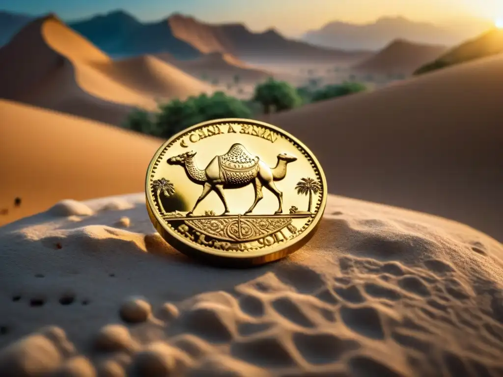 Moneda medieval de oro: camellos y palmeras en el desierto Antigua moneda de oro del comercio Transahariano, con grabados de camellos y palmeras en desierto