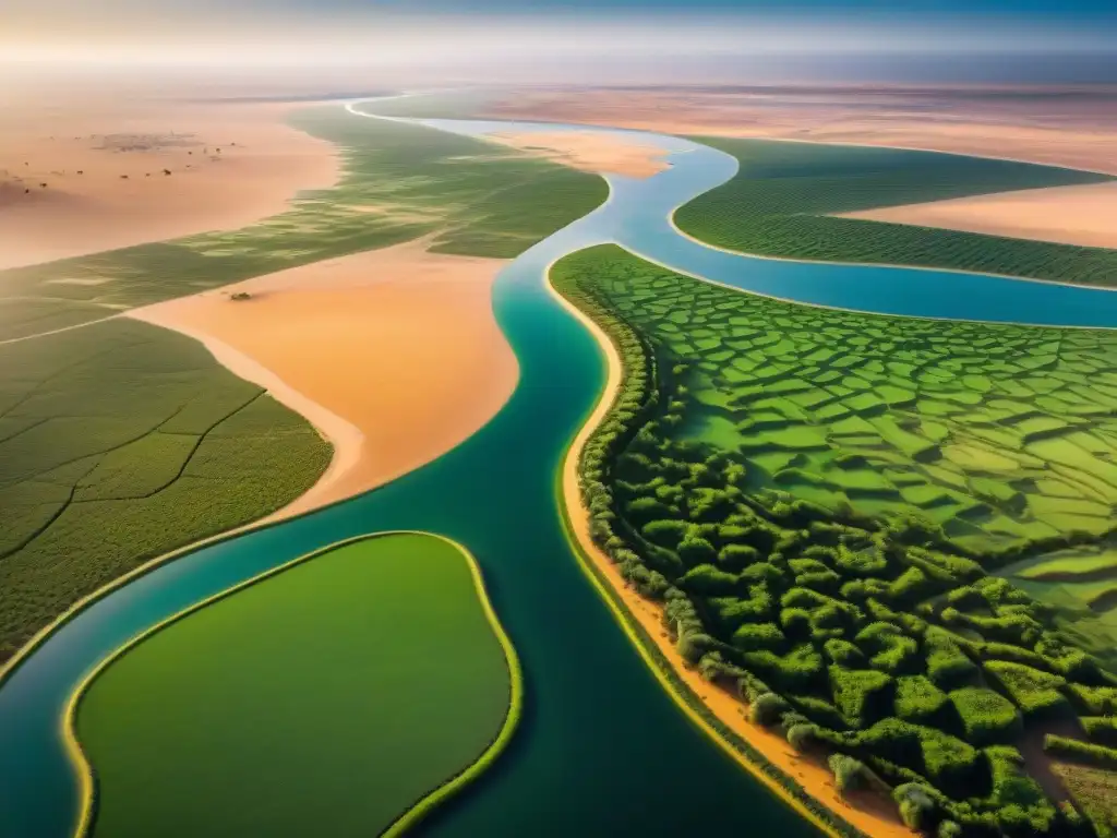 Antigua red de sistemas de irrigación en el Sahara, mostrando canales y acueductos en paisaje árido y verde