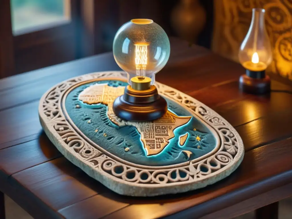 Una antigua tabla de piedra con detallado mapa de navegación africano rodeado de símbolos tribales, iluminado por lámpara de aceite