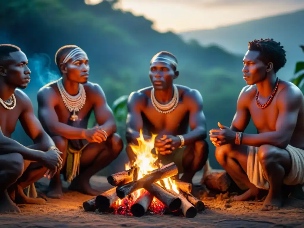 Antigua tribu africana reunida alrededor del fuego en la selva, mostrando técnicas africanas de domesticación del fuego en la prehistoria