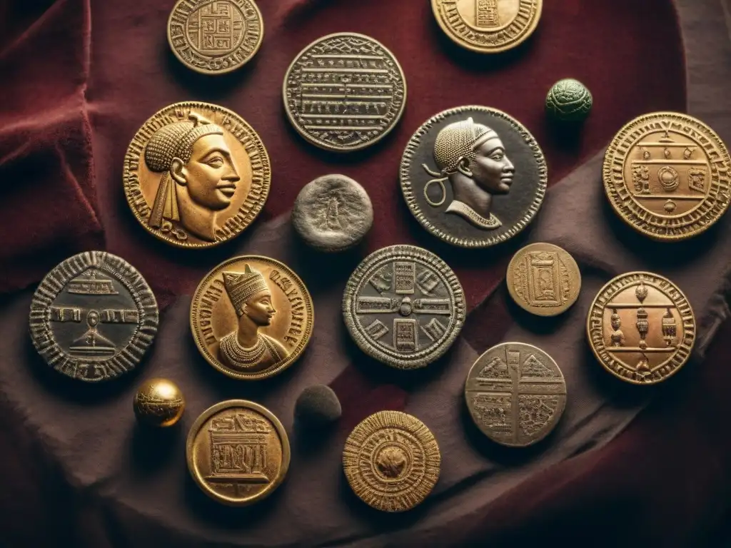 Colección de antiguas monedas africanas de diversos reinos, destacando la riqueza del sistema monetario en reinos africanos