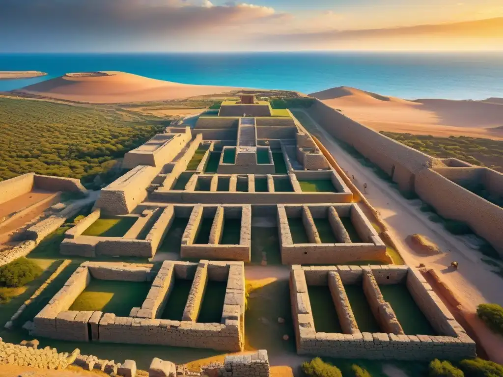 Antiguas ruinas de Adulis bañadas por la cálida luz del atardecer en el Mar Rojo, revelando la historia de Adulis y imperios africanos